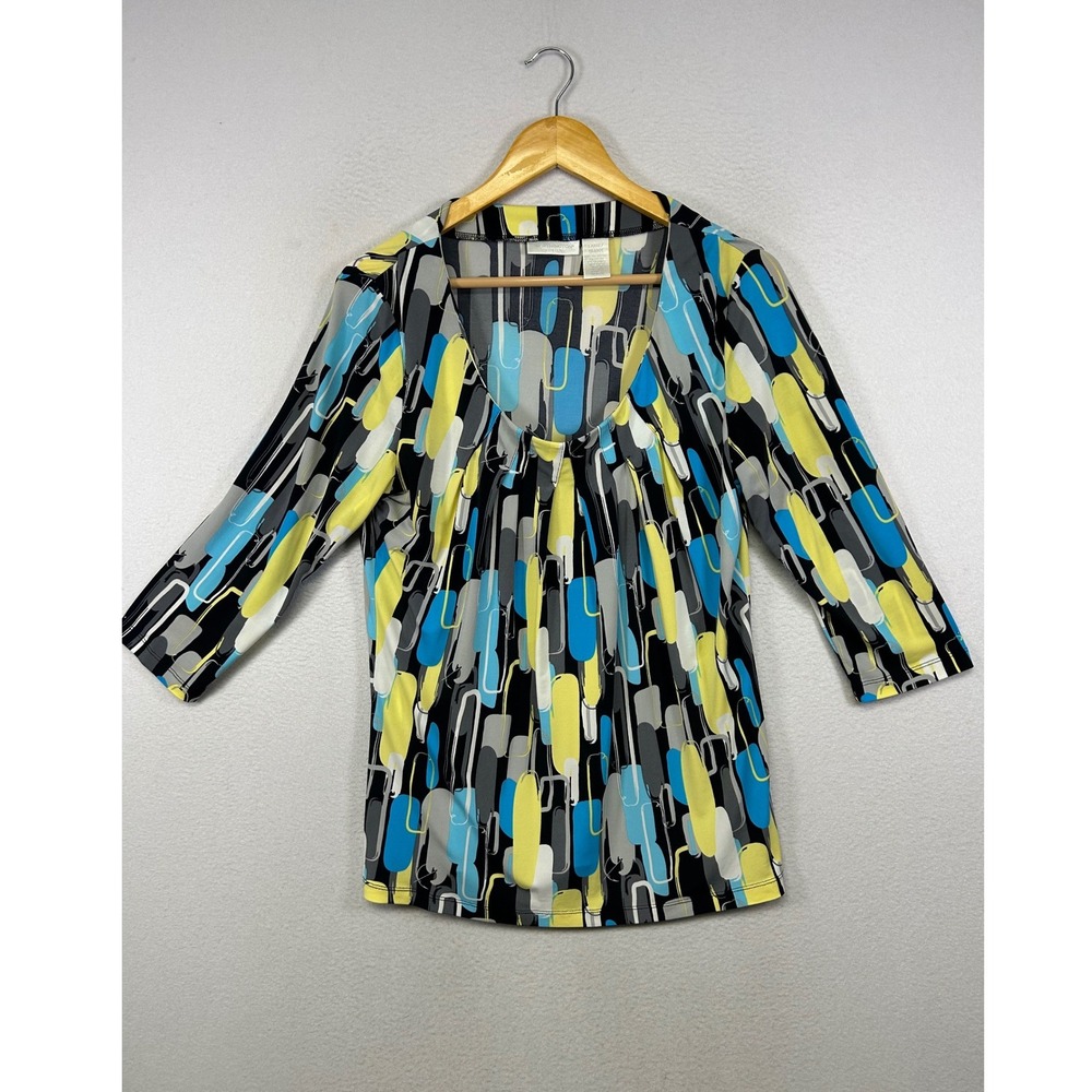 [Mod Retro] Worthington Womens Large Blue Yellow Abstract 3/4 Sleeve Stretch Top